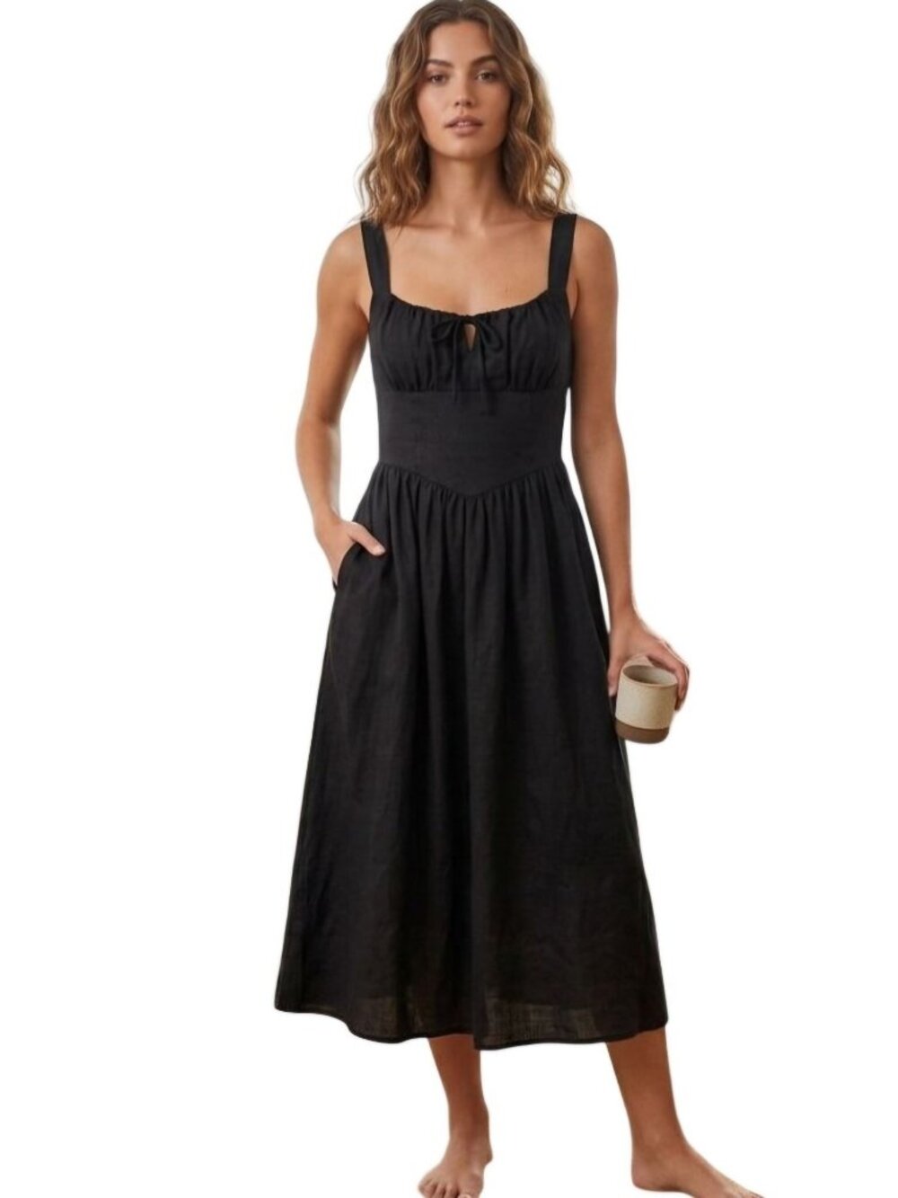 Joie Black Linen Blend Milk Maid Style Bodice Midi Dress Pockets Smocked Size M